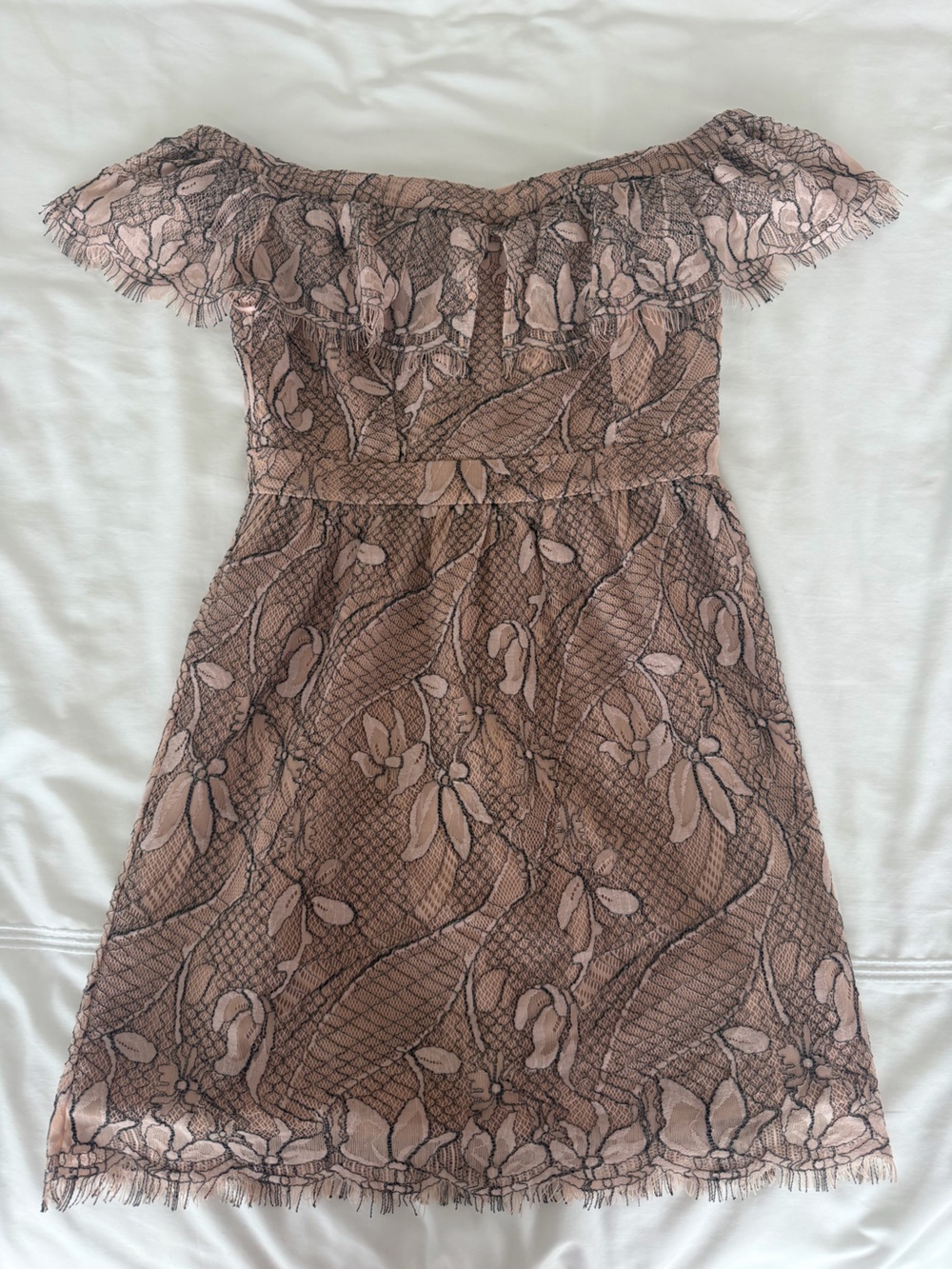 Wayf Off-Shoulder Lace Dress in Dusty Rose